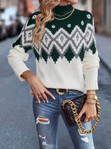 SHEIN LUNE Women's Contrast Geometric Stand Collar Knit Pullover Fall Winter Sweater - Dusty Blue - View 6