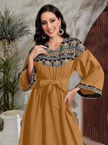 Al Najma Women's V-Neck Patchwork Geometric Pattern Dress Kaftan Jalabiya Dress - Yellow - View 6