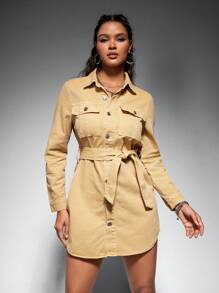 SHEIN EZwear 女用短襯衫領牛仔連身裙 - 黃色 - 查看 4