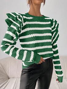 Chiquease Suéter de mujer con volantes y rayas, suéter de punto para otoño e invierno - Multicolor - Ver 3