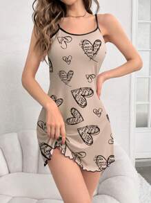 Camisón de pijama con gráfico de corazón y eslogan, con volantes en el borde