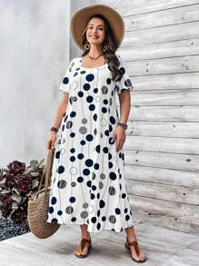 EMERY ROSE Plus Size Women's Polka Dot Pattern Blue White Short Sleeve Dress For Spring For Summer