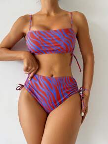 SHEIN Swim 斑馬紋束褲開衩比基尼套裝 - 彩色 - 查看 1