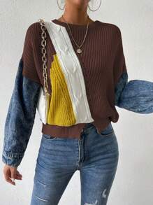 SHEIN Essnce Women's Contrast Denim Effect Drop Shoulder Sweater - Multicolor - View 4