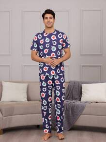 Traje Para El Hogar Con Pantalones De Manga Corta Y Cuello Redondo Con Estampado De Estrellas De Cinco Puntas Para Hombre - Multicolor - Ver 1