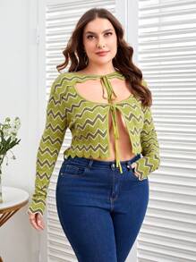 Sara Cennamo Designer Women Plus Chevron Pattern Cut Out Tie Front Sweater, For Holiday, Festival - Multicolor - View 5