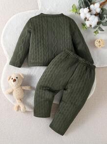 Baby Boy Bear Embroidered Applique Cable Knit Top And Pants Pajama Set - Army Green - View 2