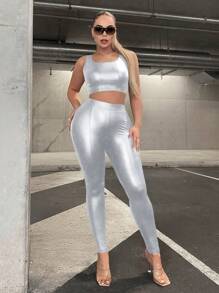 SHEIN SXY 女用短背心和緊身褲兩件套 - 銀色 - 查看 4