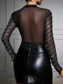 EURMUSE Women's Diamond Studded Mesh Stand Collar Top - Black - View 2