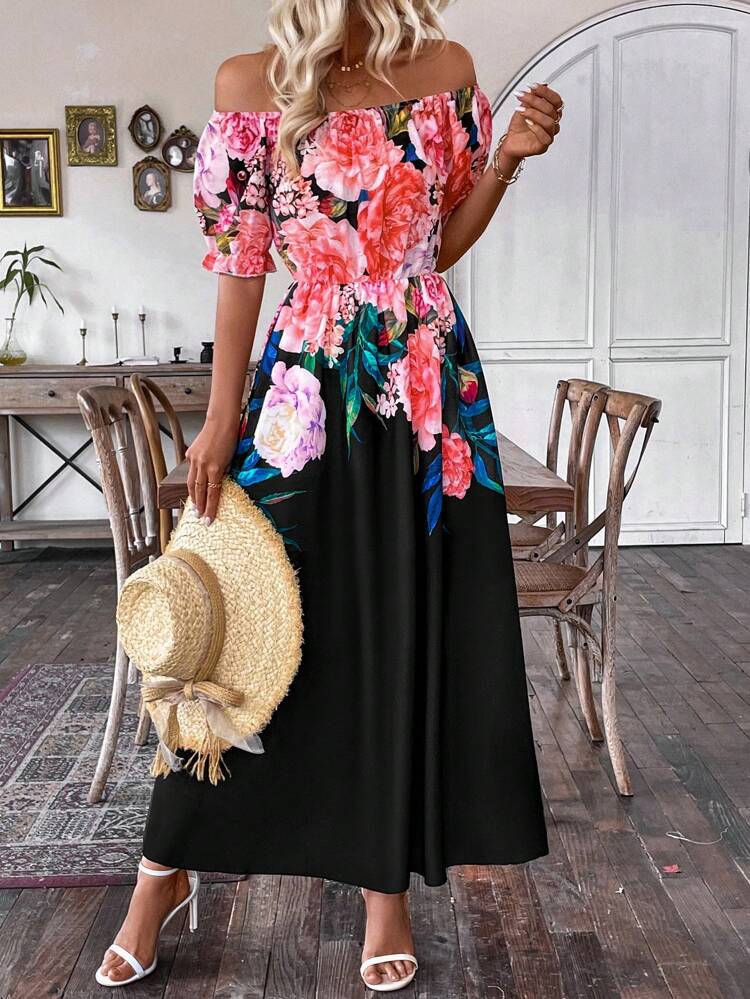Floral Printed Open Shoulder Bell Sleeve Dress