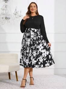 SHEIN Clasi Plus Size Floral Print Long Sleeve Dress - Black and White - View 4