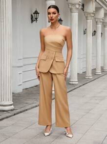 Aveloria Modichic Women's Pleated Bandeau Top And Trousers Two-Piece Set - Khaki - View 3