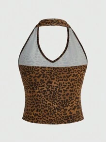 ROMWE Leopard Print Halterneck Top - Multicolor - View 2