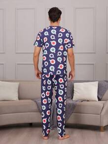 Traje Para El Hogar Con Pantalones De Manga Corta Y Cuello Redondo Con Estampado De Estrellas De Cinco Puntas Para Hombre - Multicolor - Ver 2