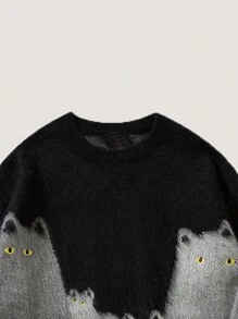 ANDREILEE 男士黑色猫咪图案针织套头毛衣，男女通用圆领，秋冬款 - 黑色 - 查看 3