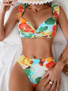 Printed Frill Trim Separates Bikini Set Summer Beach - Multicolor - View 1