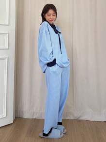 DAZY 荷葉邊繫帶拼布家居服套裝 - 藍色 - 查看 1