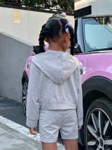 SHEIN 小女孩字母印花帽t+背心+短褲2件套裝 - 灰色 - 查看 2