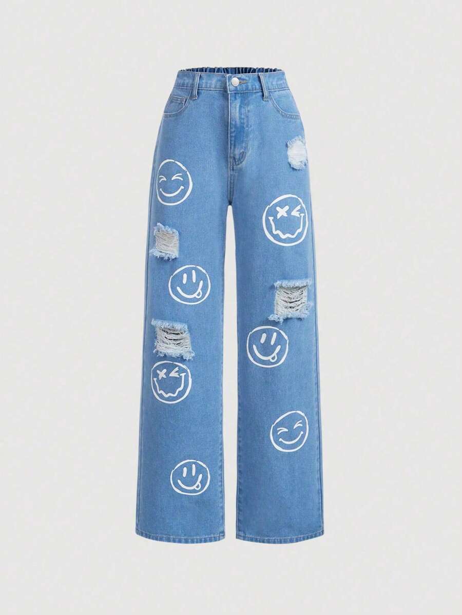 SHEIN 少女直筒牛仔褲,搞笑臉孔印花破洞細節 - 中等水洗藍 - 查看 1