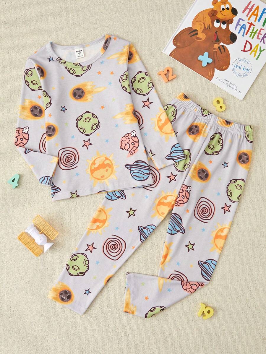 Boy's Cute Cosmic Pattern Comfortable Gray Flame Retardant Two-Piece Home Clothes Set - Light Grey - View 1