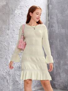 青少年女孩蓮藕袖荷葉邊毛衣洋裝 - 白色 - 查看 1