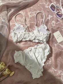 Swim Mod Summer Beach Ruffled Trim Bikini Set - White - View 2