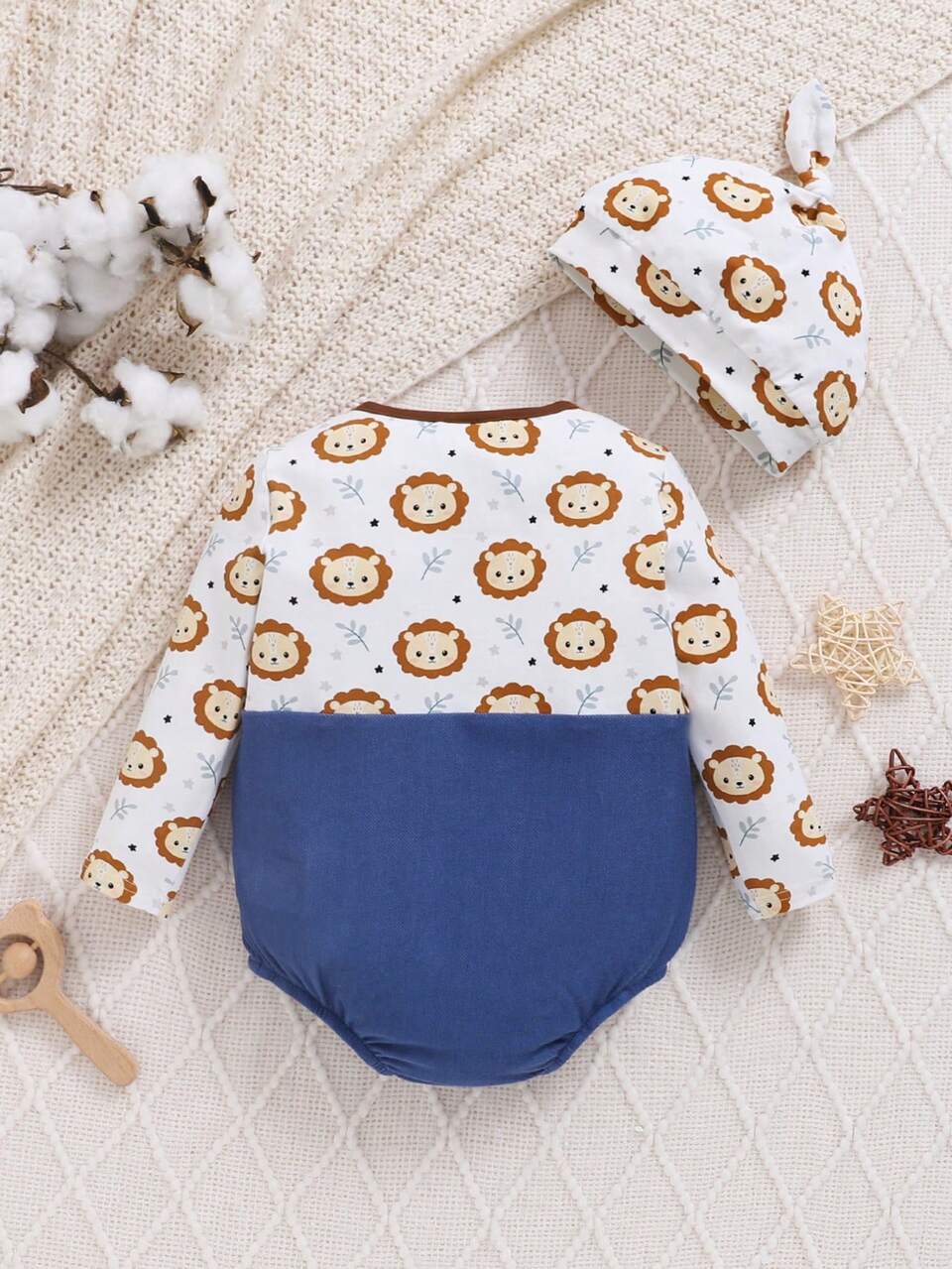 Baby Boy Cartoon Animal Pattern Color Block Round Neck Long-Sleeved Bodysuit And Hat Two-Piece Set