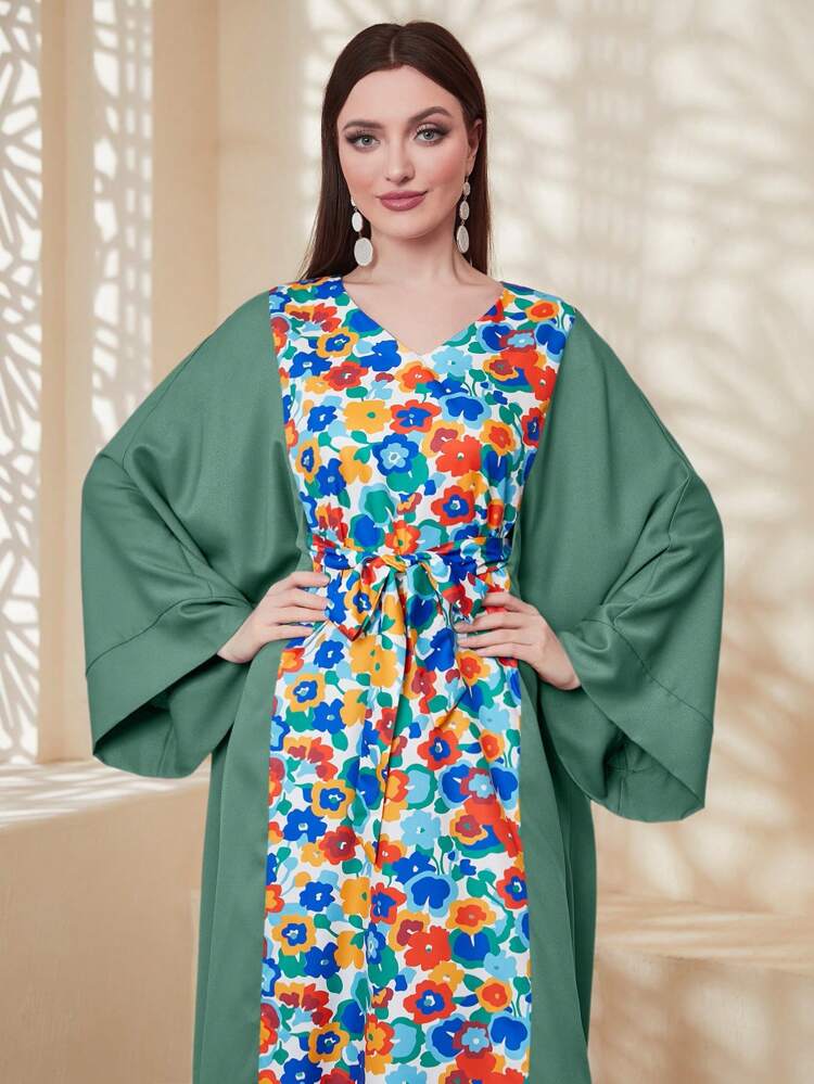 Women's Floral Print Patchwork Arabian Dress Kaftan Jalabiya Dress