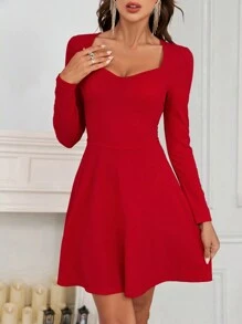 SHEIN Privé Sweetheart Neck A-line Dress - Burgundy - View 4