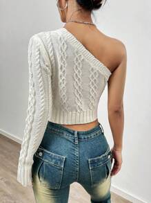 Flirla Asymmetrical Neck Long-Sleeve Cropped Knit Pullover Fall Winter Sweater - White - View 2