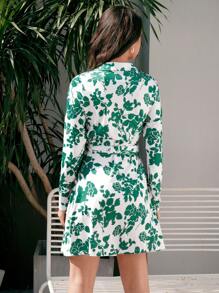SHEIN Holidaya Green Floral Shirt Dress Fall Cloth For Women - Green - View 2