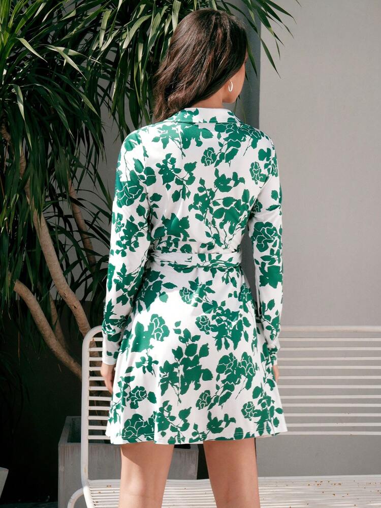 Green Floral Shirt Dress Fall Cloth For Women