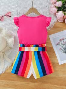 SHEIN Young Girl Ruffled Crew Neck Top And Rainbow Striped Shorts Two-Piece Set - Multicolor - View 2
