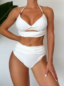 SHEIN Swim Women's Textured Halterneck Bikini Set Suit Summer Beach - White - View 1