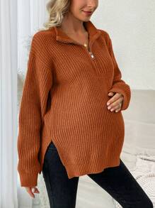 SHEIN Maternity Loose Sweater With Slit Hem - Rust Brown - View 3
