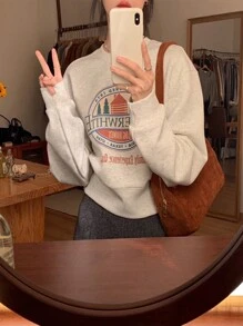 Women's Slogan Print Round Neck Sweatshirt - Light Grey - View 5