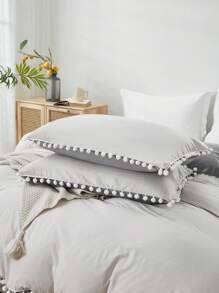 Plain Pom Pom Duvet Cover Boho Farmhouse Bedding 3 Pieces Pom Pom Decor Beige And Grey Reversible Comforter Cover Soft Microfiber Duvet Cover For Boys Girls 1 Duvet Cover And 2 Pillowcases No Comforter For All Seasons School Bedding