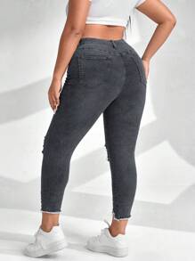 SHEIN EZwear 大尺碼破洞緊身牛仔褲 - 灰色 - 查看 2