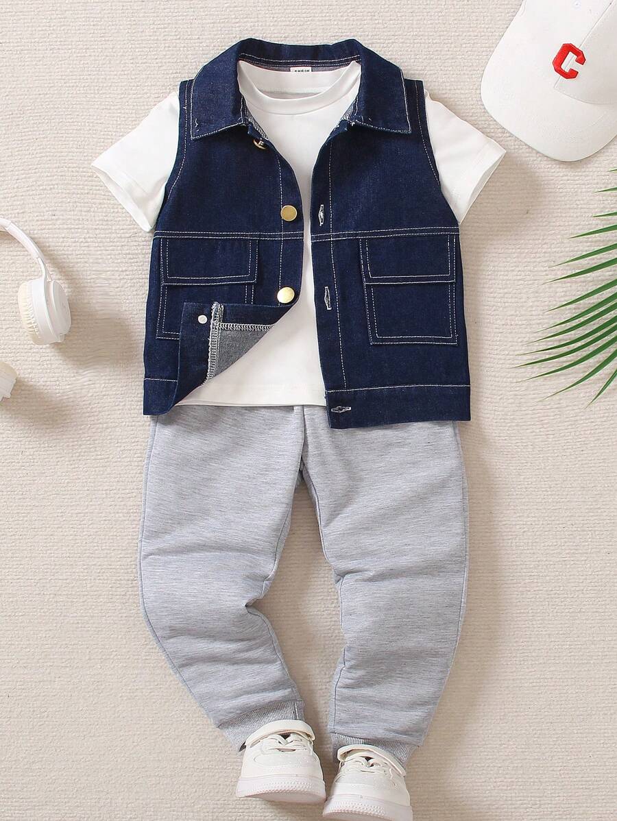 SHEIN 男童牛仔背心,純色短袖t恤和運動長褲套裝 - 藍色 - 查看 1