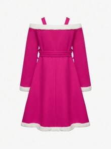 SHEIN Tween 女孩毛絨邊飾露肩領拼布連身裙 - 玫紅色 - 查看 2