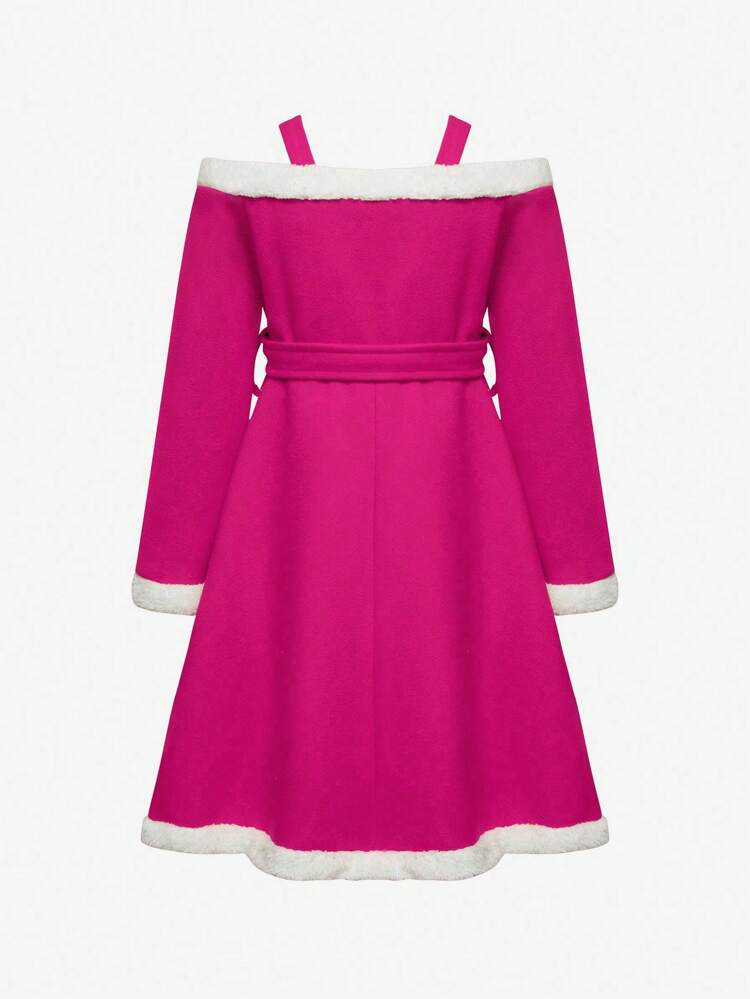 Tween Girls' Plush Trimmed Cold Shoulder Neckline Patchwork Dress