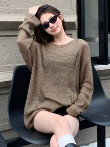 DAZY Của phụ nữ Vòng cổ Rỗng Áo len - Màu Khaki - Xem 2