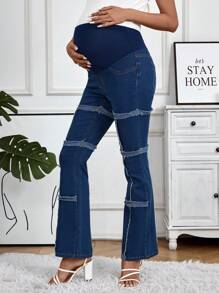 SHEIN Maternity Flared Denim Trousers With Adjustable Buttons Jeans - Medium Wash - View 4