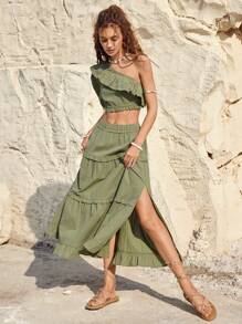 Bohemela 假日風格女性荷葉邊單肩短袖上衣和分割式裙子套裝 - 軍綠色 - 查看 1