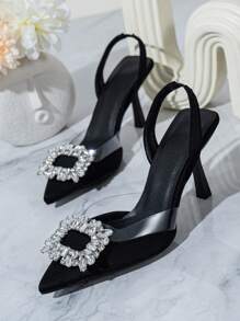 Fashionable Women's Black High-Heeled Back Hollow Rhinestone Sandals,Elegant,Party - Black - View 6
