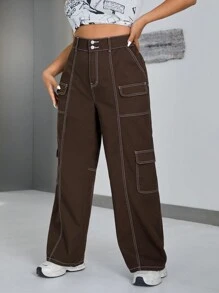 SHEIN ICON 大码对比缝线工装男友风牛仔裤 - 咖啡棕 - 查看 5