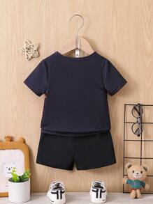 Baby Boy Infant Boys' Street Style Game Pattern Print Short Sleeve Top And Shorts Set For Summer - Black - View 2