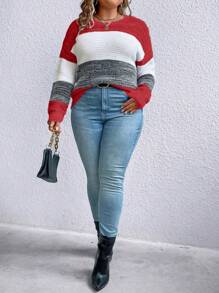 SHEIN LUNE Plus Size Contrasting Drop Shoulder Sweater Knit Pullover Fall Winter - Red - View 5