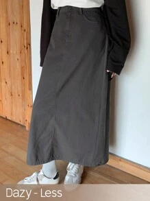 DAZY Màu thuần Chân váy Denim thẳng - Xám - Xem 1
