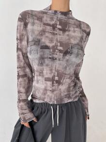 DAZY 女款紮染網布長袖上衣 - 咖啡棕 - 查看 6